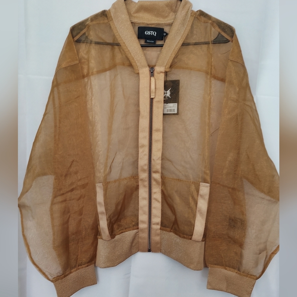 GSTQ Sheer Metallic Gold Jacket Womens Size 3X NWT Travel Vacation Office Preppy - Picture 2 of 16